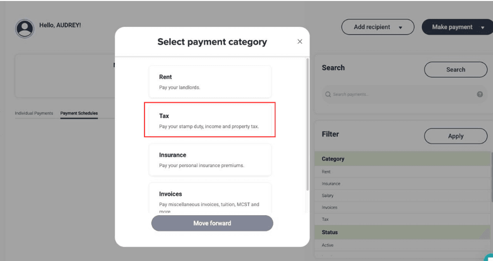 iPayMy select payment category screen showing Rent, Tax, Insurance and Invoices
