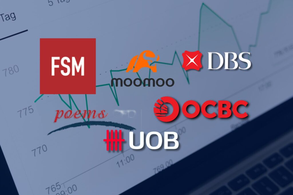 FSM logo Moomoo logo DBS logo POEMS logo OCBC logo UOB logo with graph as background