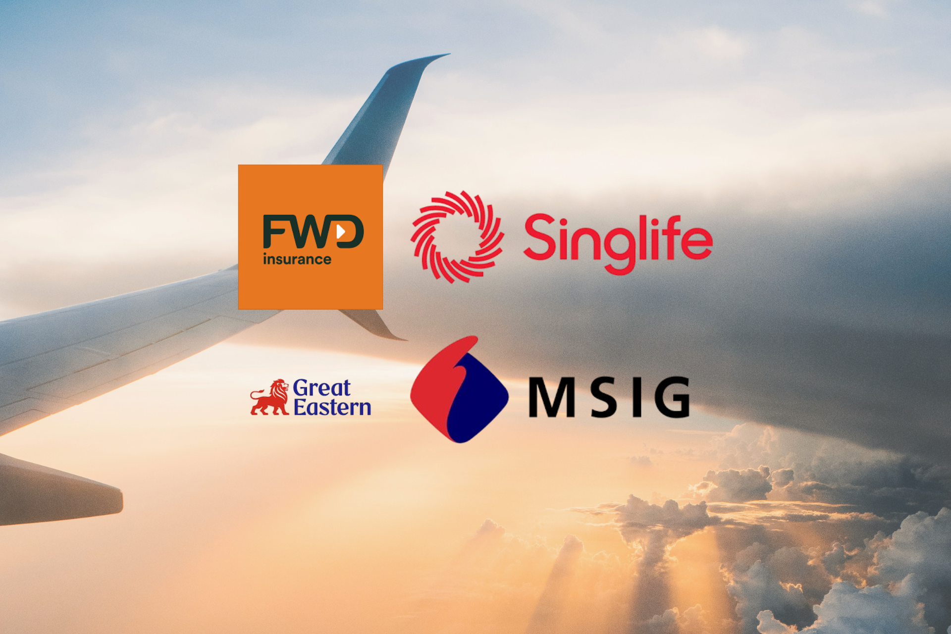 FWD logo, Singlife logo, Great eastern logo, MSIG logo with airplane wing background, clouds, and sunrays