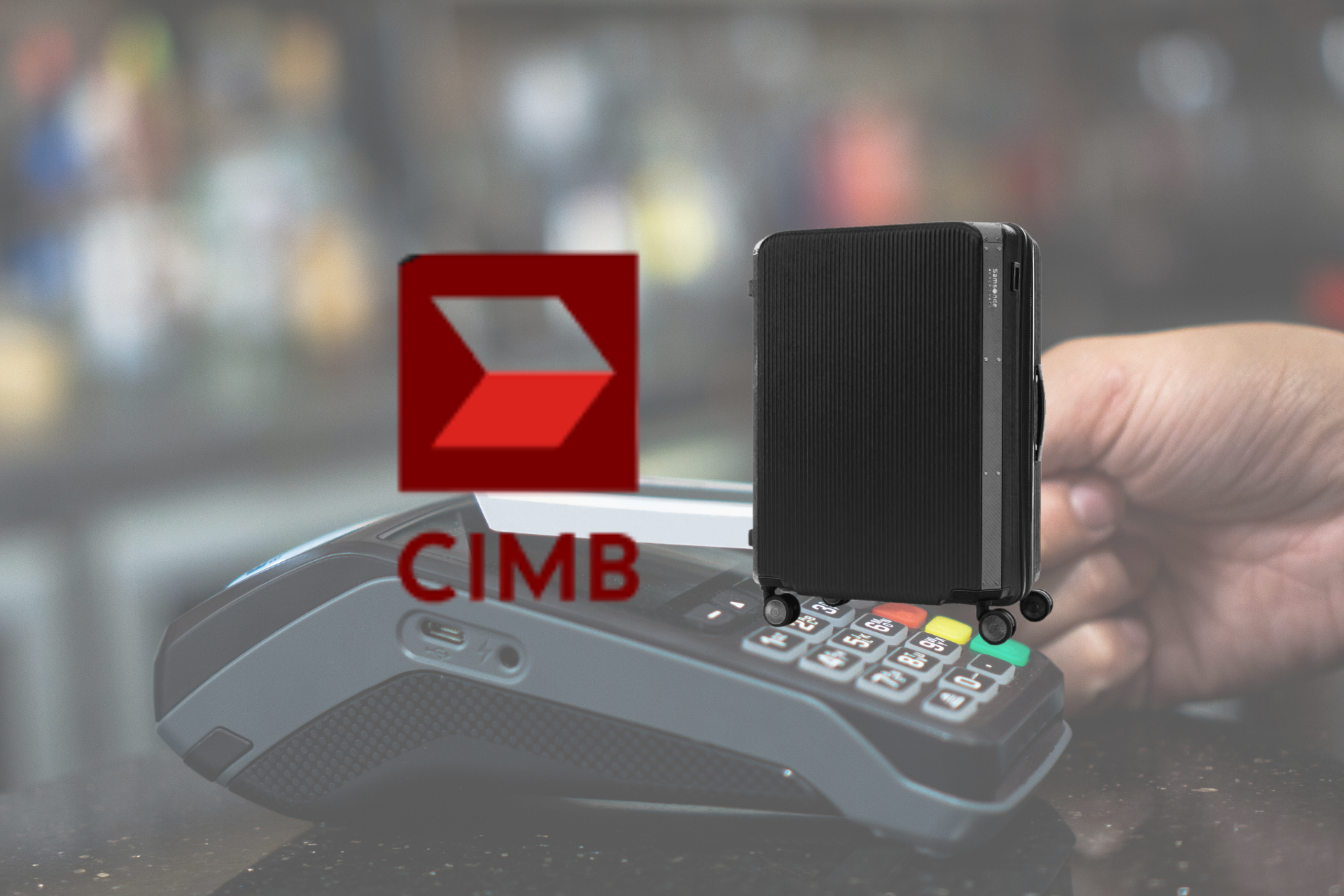 CIMB logo and Samsonite luggage with card transaction as background