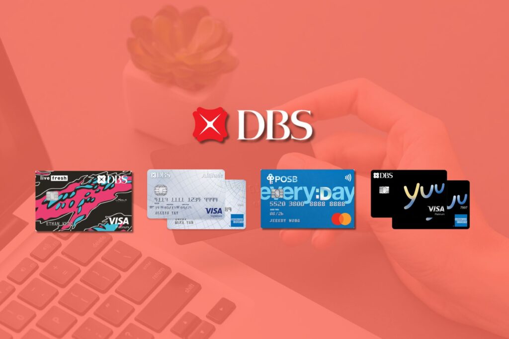DBS Logo and DBSPOSB Credit Cards with Laptop and Hand holding credit card as background