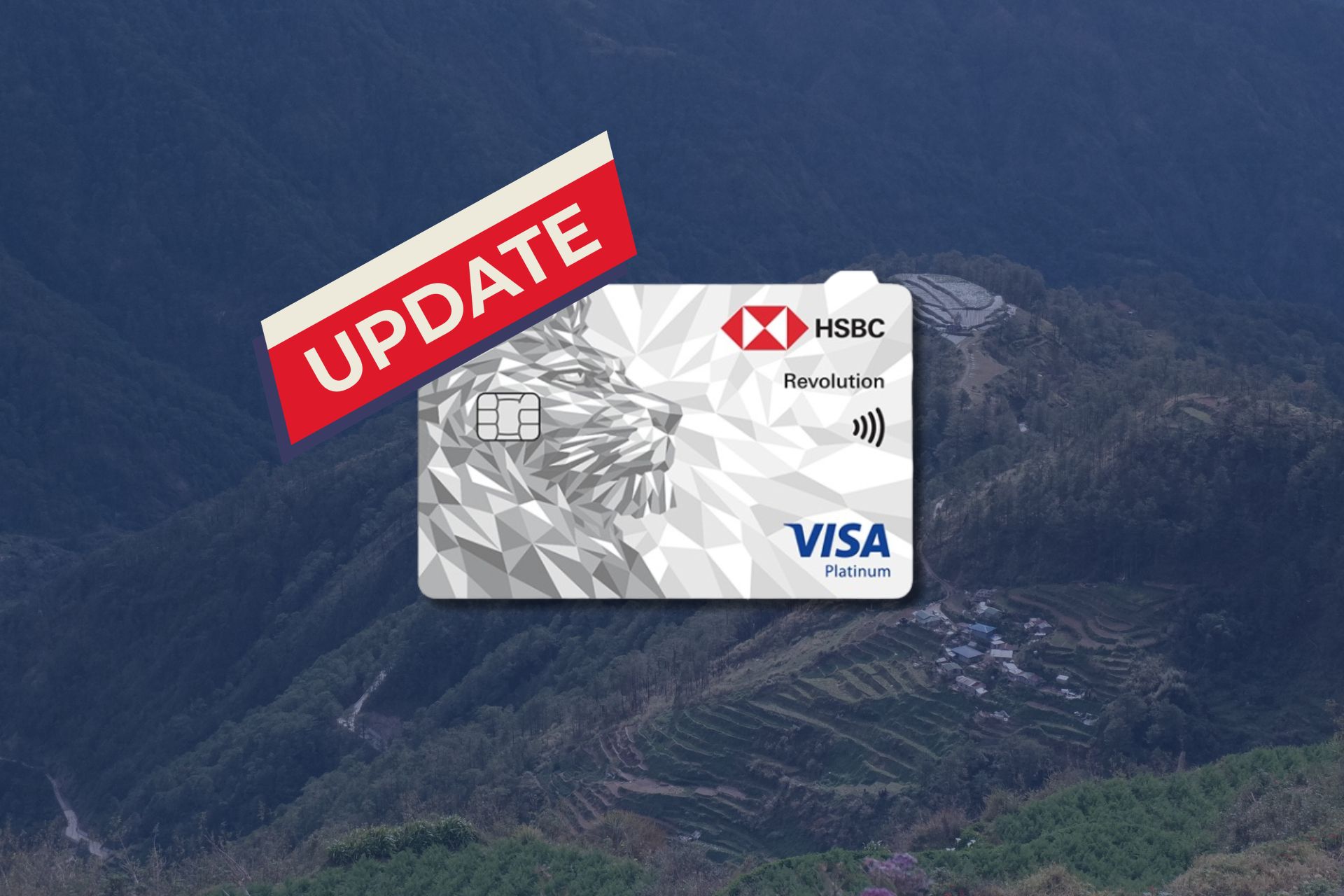 HSBC Revolution Card with a big word Update and mountain background
