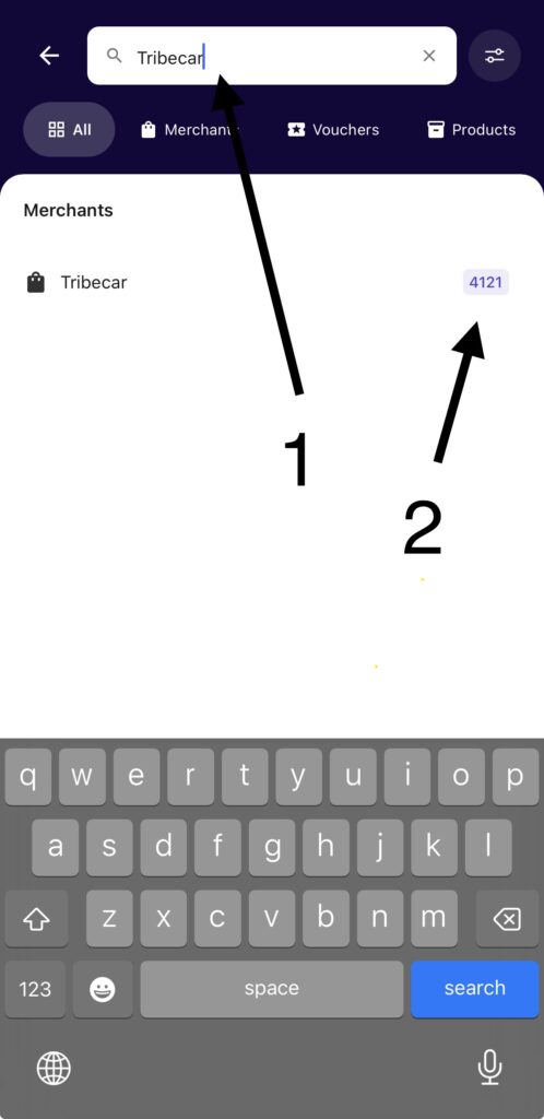 Search bar at top with the word Tribecar typed circular settings button on the right and on screen keyboard below