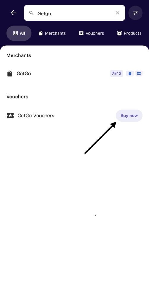 Screenshots shows GetGo app Merchants and Vouchers sections a rounded pale purple Buy now button highlighted on the right side