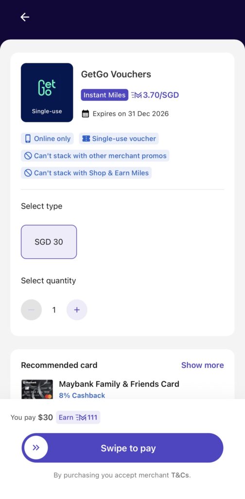 GetGo vouchers purchase screen with logo Instant Miles badge price SGD 370 expiry date Dec 31 2026 and quantity selector with a large Swipe to pay button