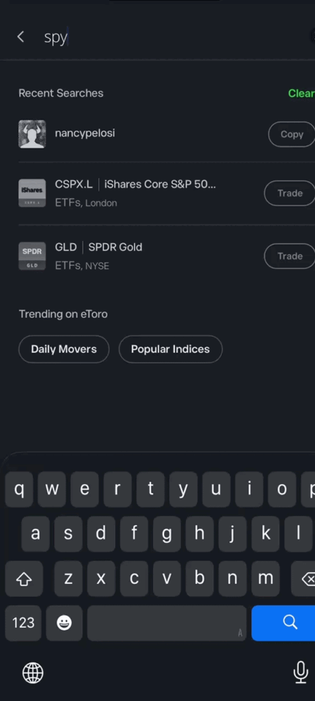 Mobile search screen with recent searches nancypelosi CSPXL ETF GLD Trade buttons and Trending on eToro keyboard visible at bottom
