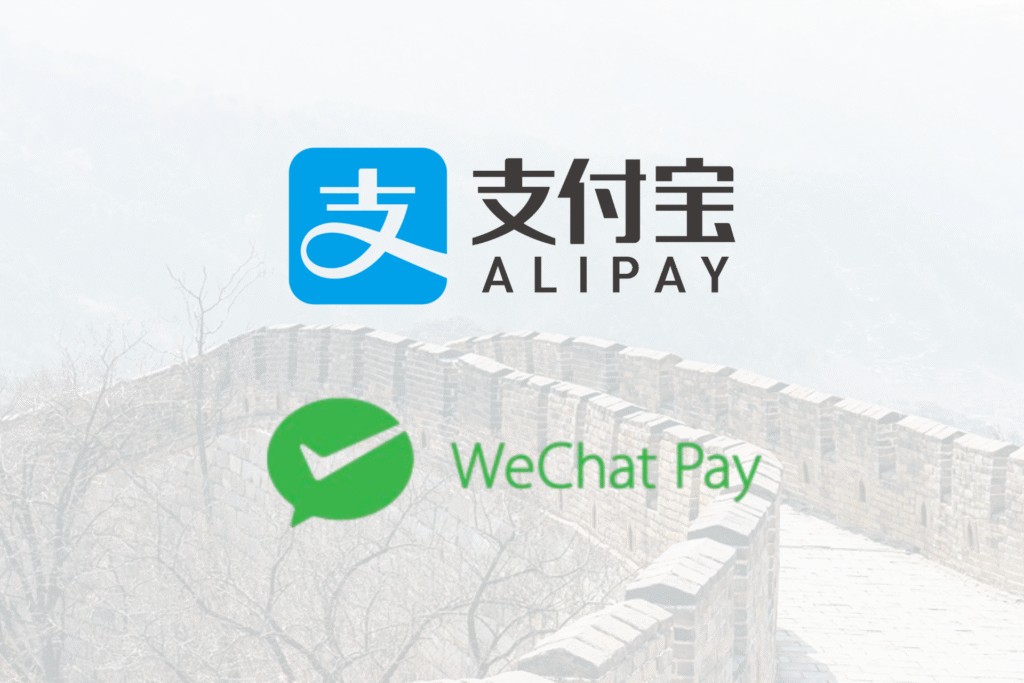 alipay and wechat pay logo with great wall of china background