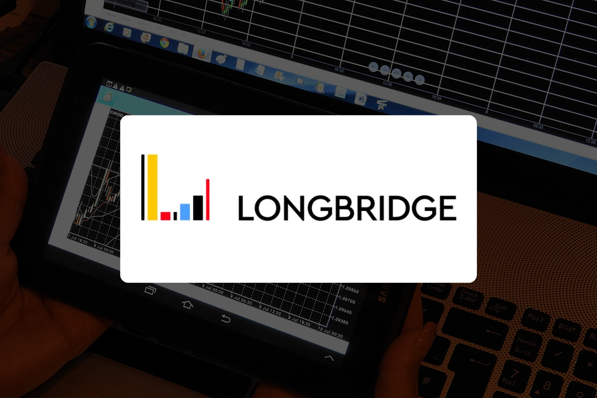 Longbridge logo on a white rounded rectangle card over a dark background with stock charts on a tablet screen