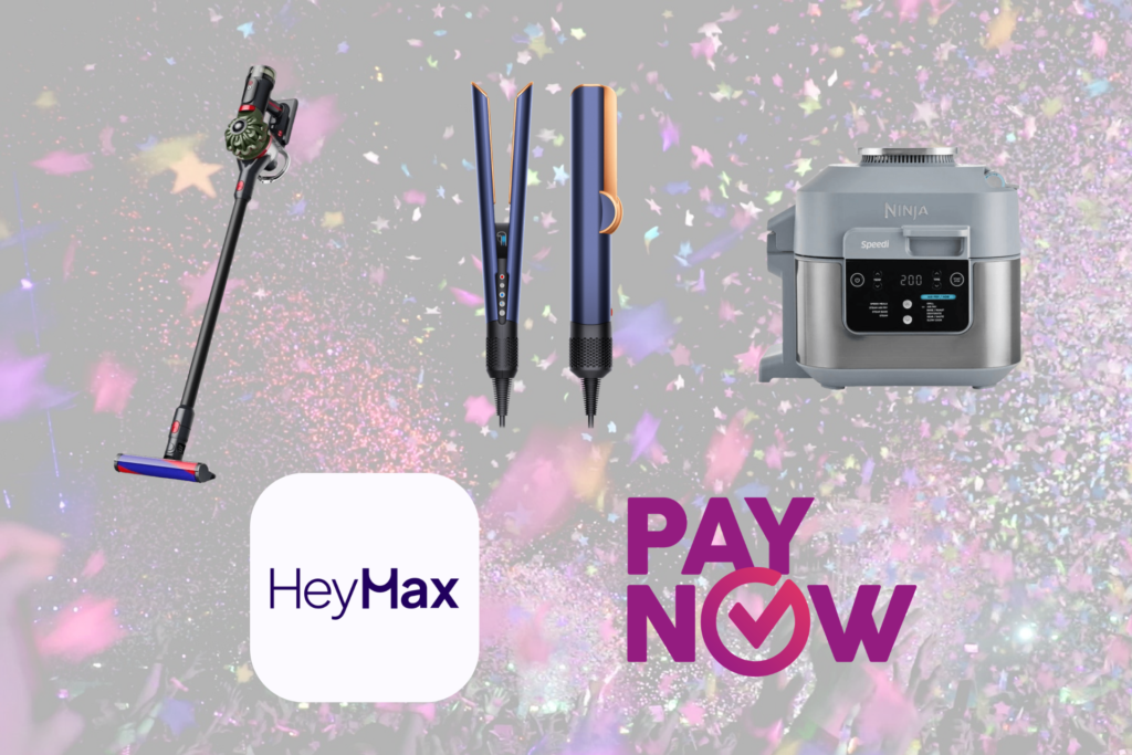 Hero image with a vacuum wand two styling wands and a Ninja pressure cooker against a confetti background plus the HeyMax logo