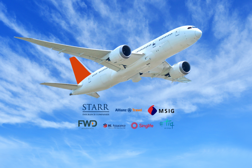 Airplane background with travel insurance logos