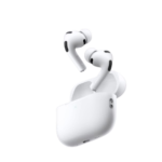 White wireless earbuds with an open charging case floating against a black background