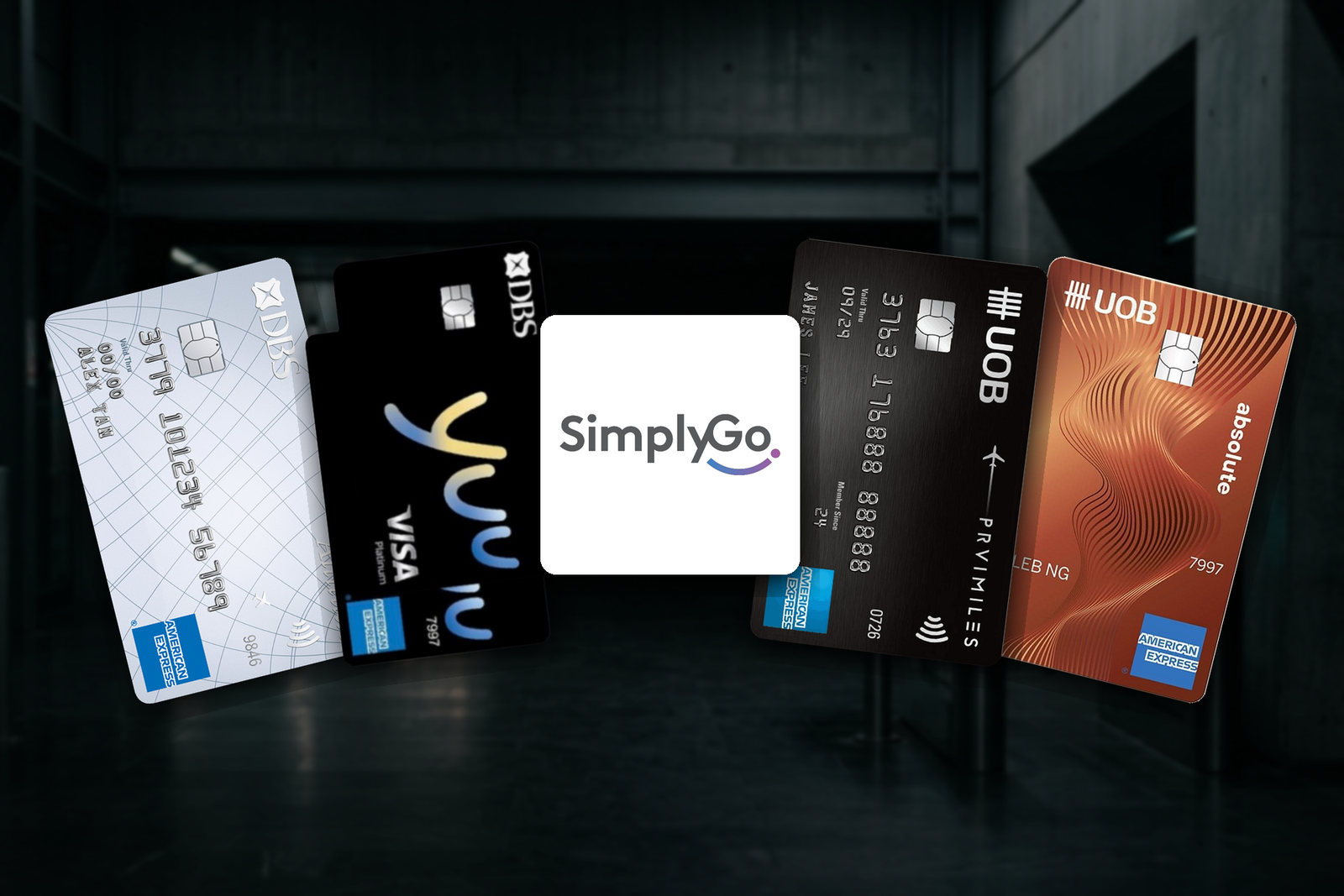 SimplyGo logo with DBS Altitude, DBS yuu, UOB PRVI Miles Amex and UOB Absolute Amex cards — American Express 20% back on bus and MRT rides