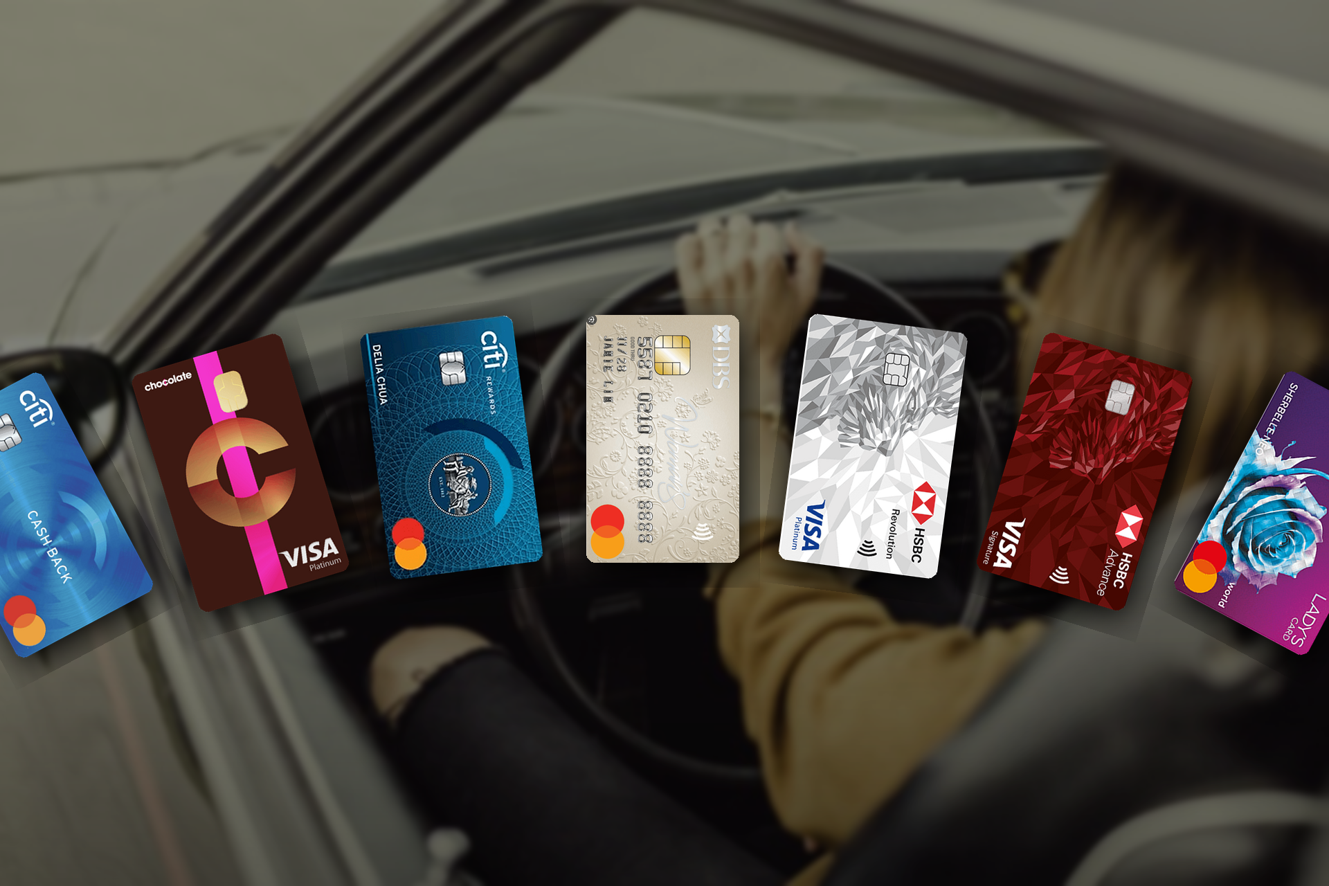 Best credit cards for car rentals in Singapore 2026 — Citi Cashback, Chocolate Visa, Citi Rewards, DBS Woman's World, HSBC Revolution, HSBC Advance, and UOB Lady's cards on a car dashboard background