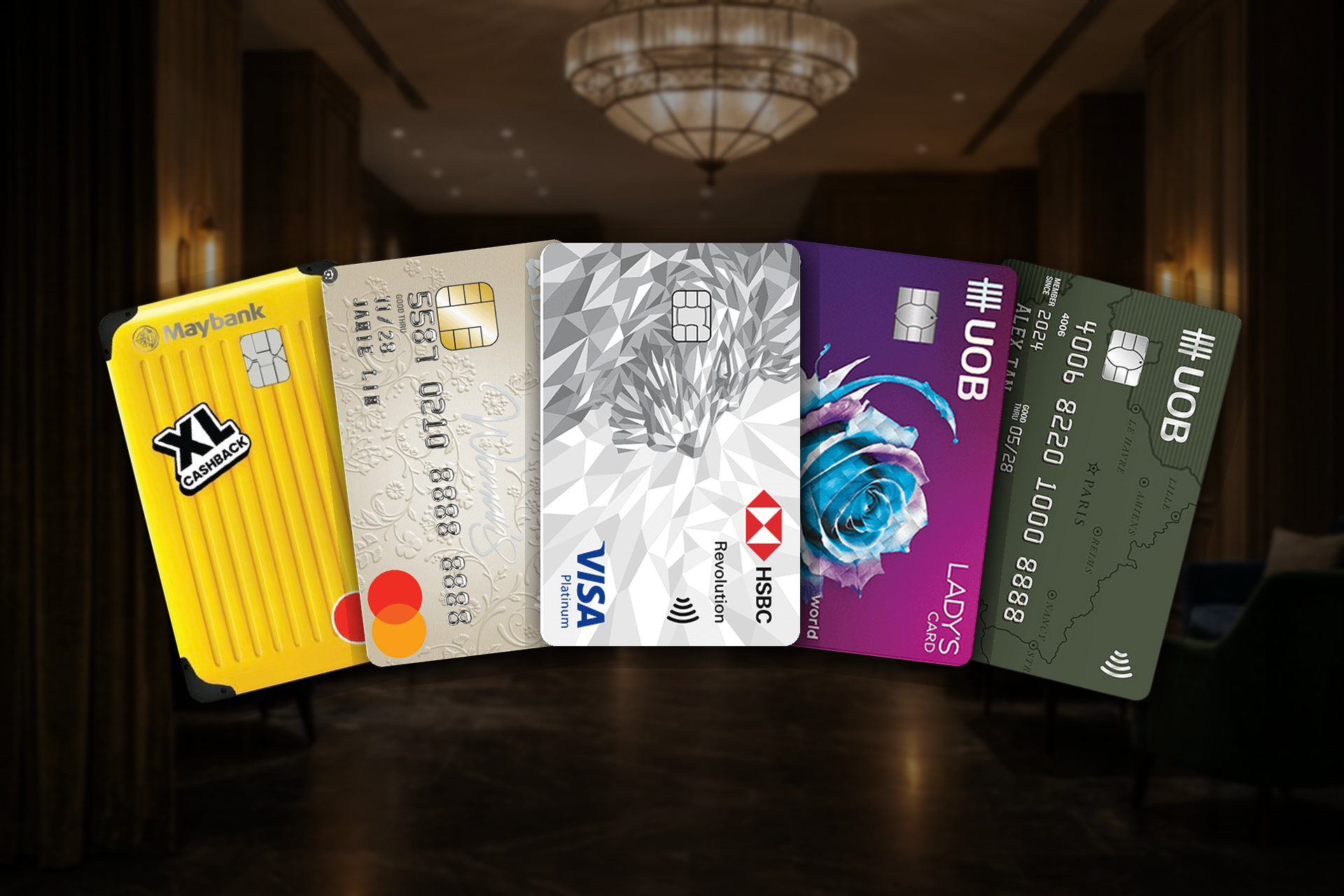Best credit cards for hotel bookings in Singapore 2026 — HSBC Revolution, DBS Woman's World, UOB Lady's, Maybank XL Cashback and UOB Visa Signature cards in a hotel lobby