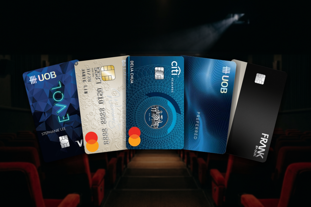 Best credit cards for movie bookings in Singapore 2026 — UOB EVOL, DBS Woman's World, Citi Rewards, UOB Preferred Visa and OCBC FRANK cards fanned over a cinema hall
