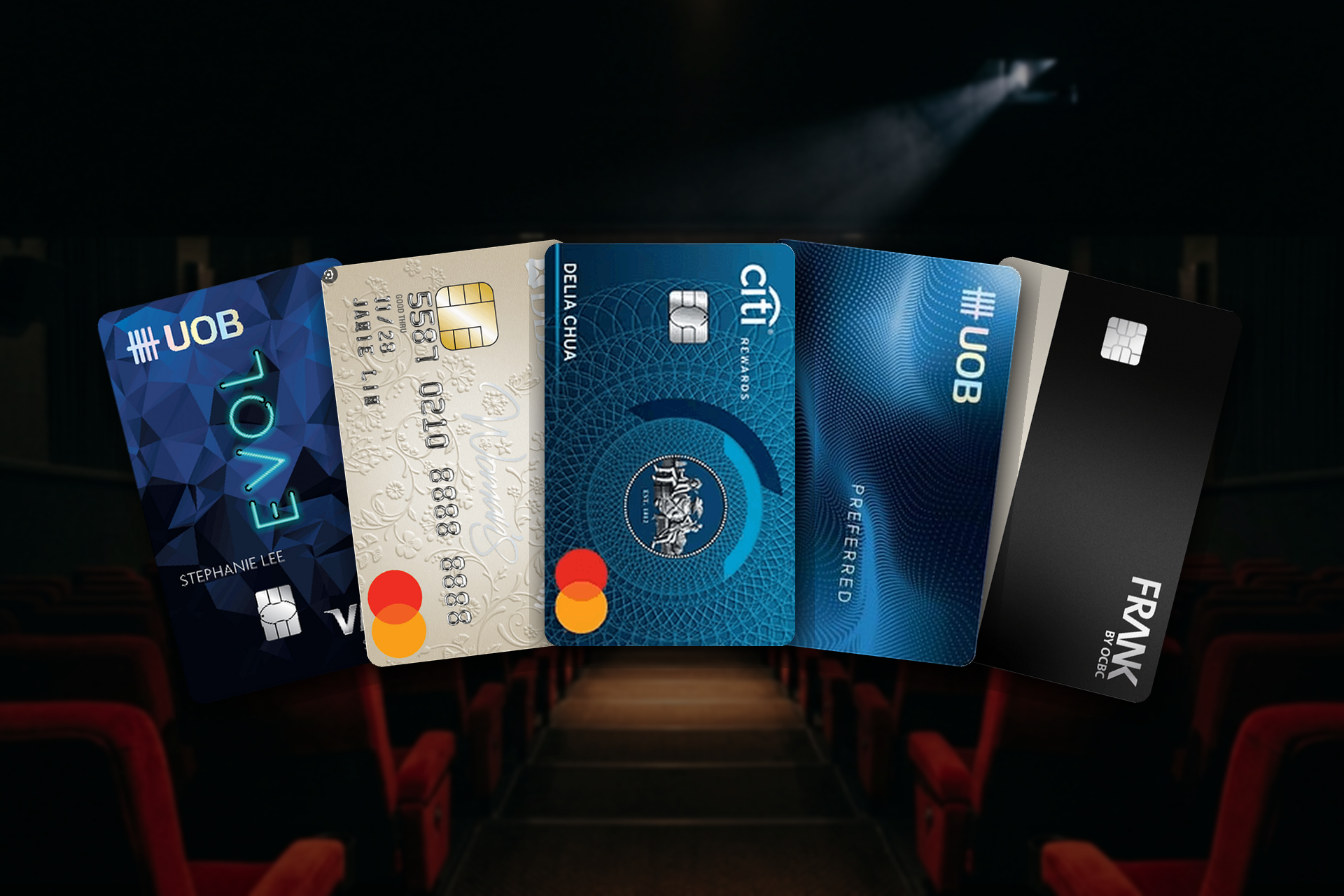 Best credit cards for movie bookings in Singapore 2026 — UOB EVOL, DBS Woman's World, Citi Rewards, UOB Preferred Visa and OCBC FRANK cards fanned over a cinema hall