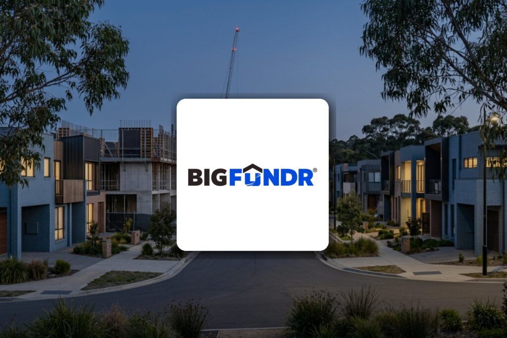 BigFundr logo in the foreground over an illustrative Australian property development