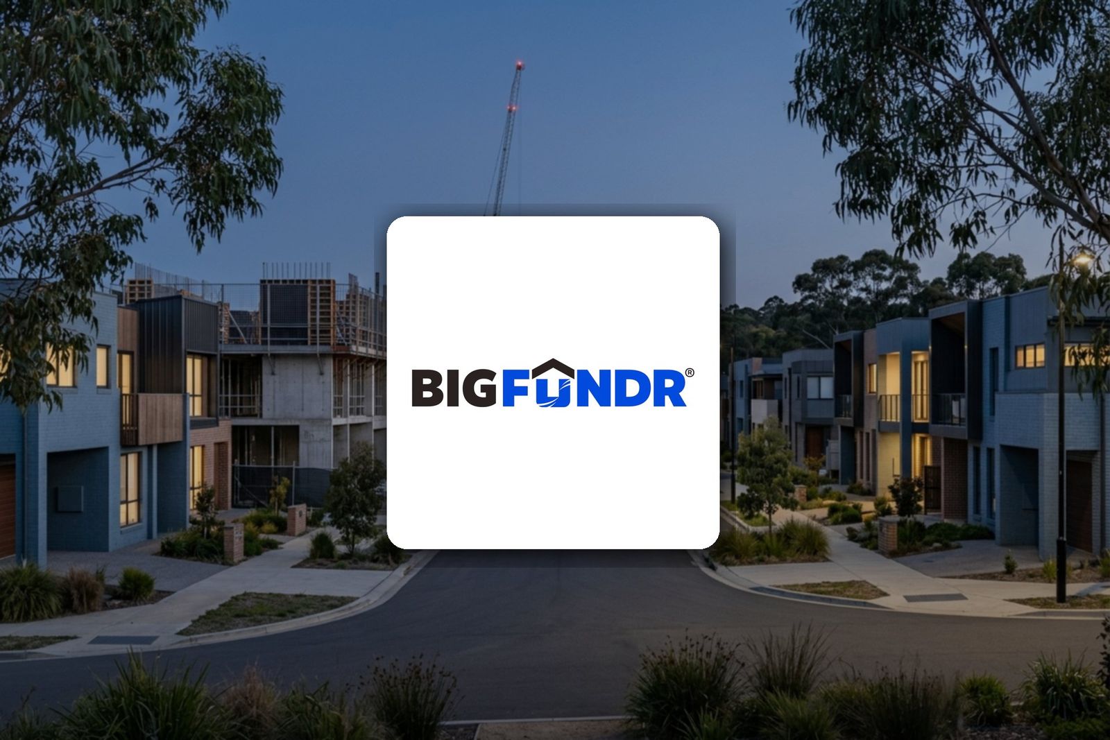 BigFundr logo in the foreground over an illustrative Australian property development