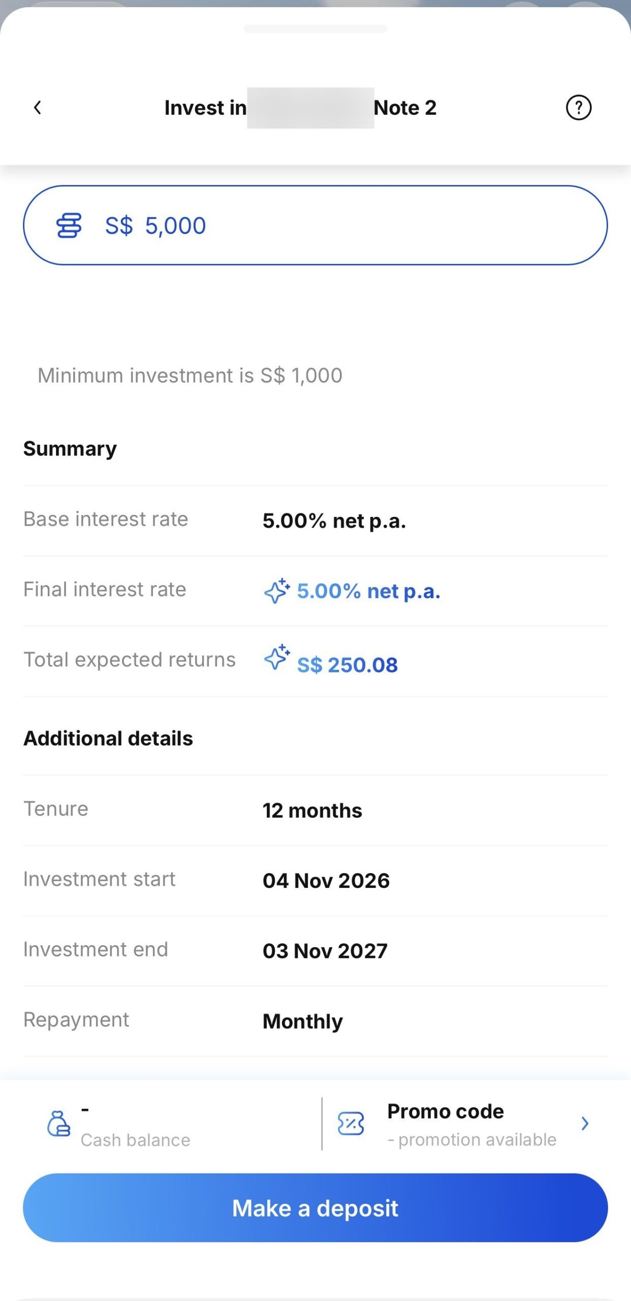 BigFundr investment confirmation screen with deal name obscured