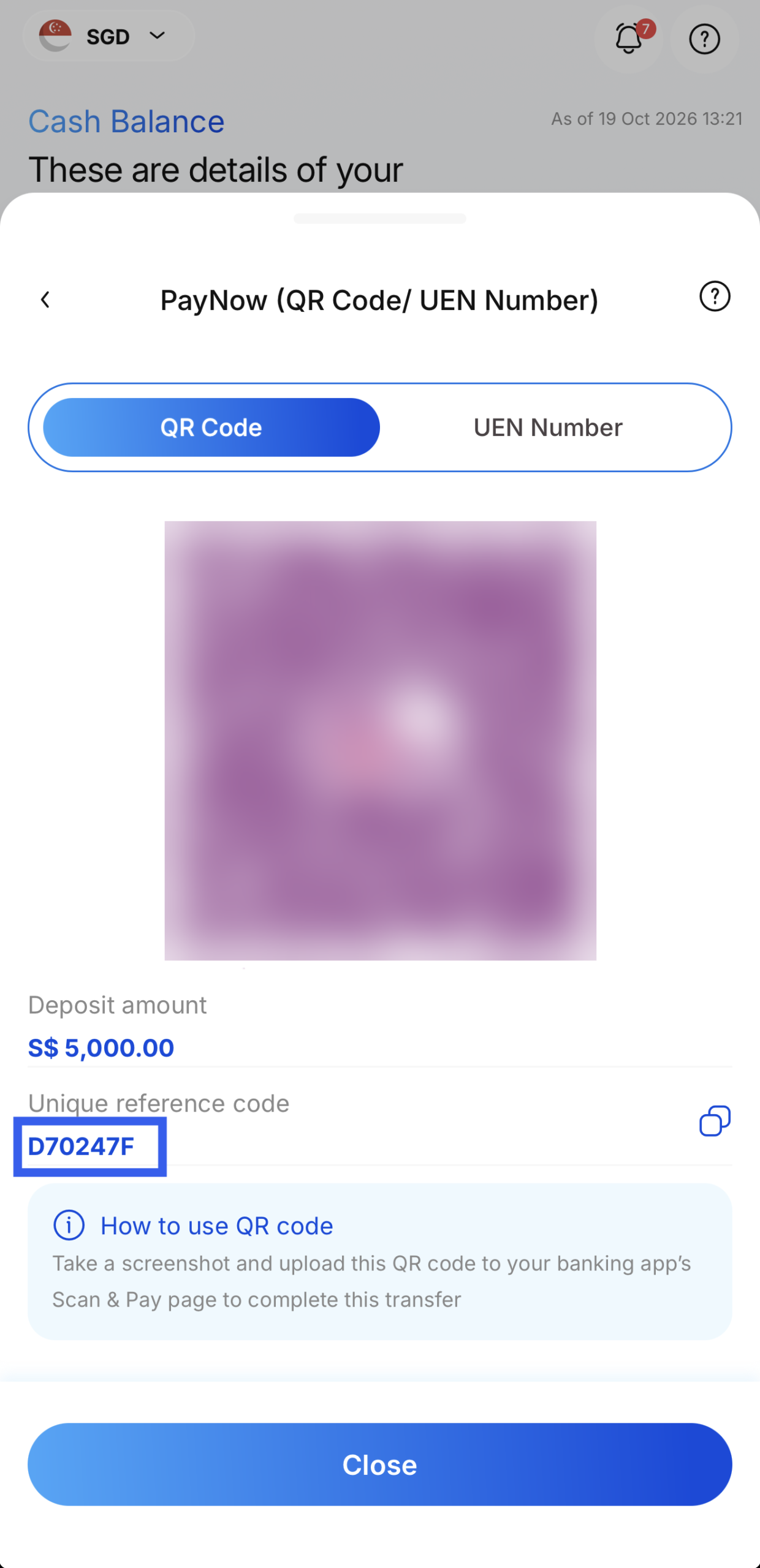 BigFundr deposit instructions with QR code obscured