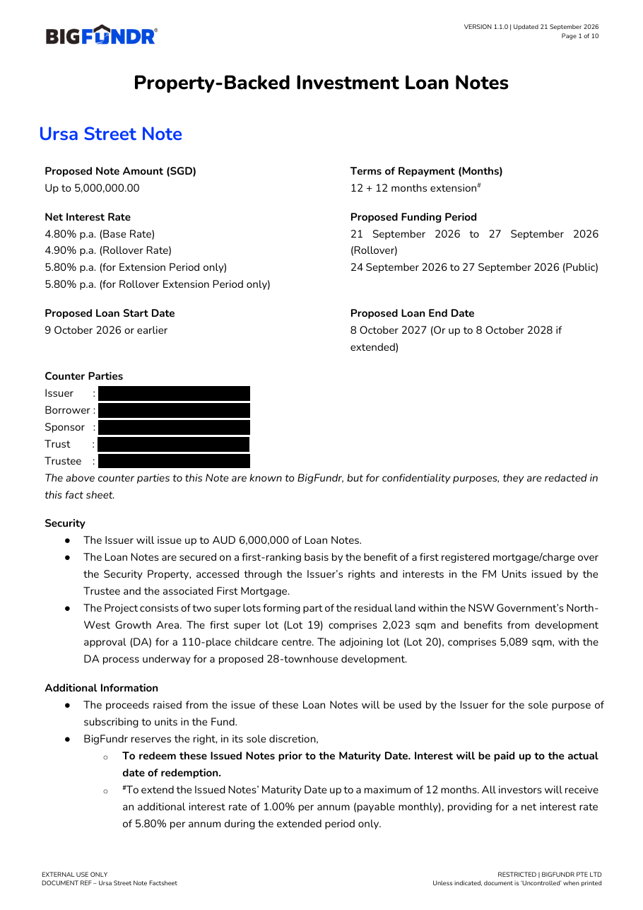 Ursa Street Note factsheet first page