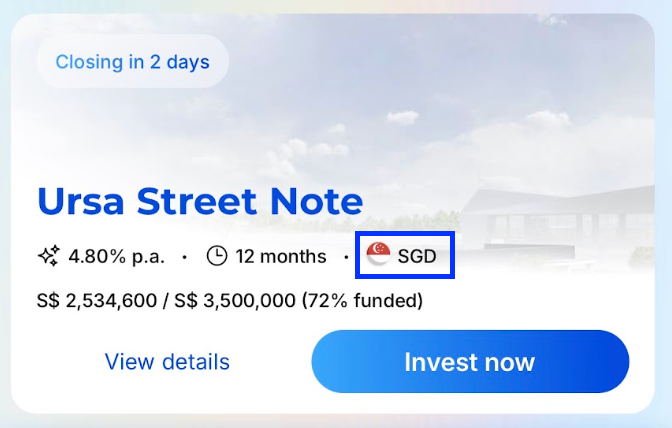 Ursa Street Note deal card with SGD currency highlighted