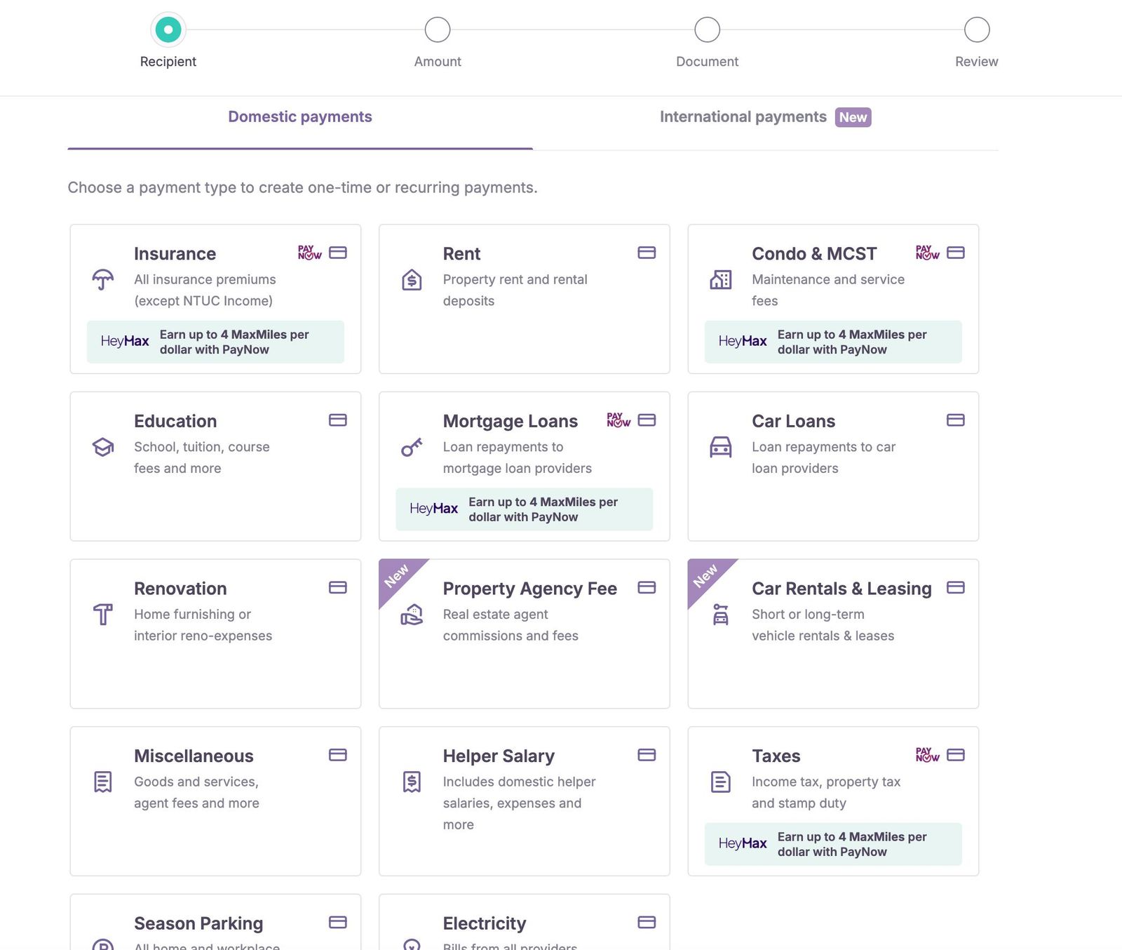 CardUp payment type picker showing the HeyMax PayNow badge on Insurance, Condo and MCST, Mortgage Loans and Taxes