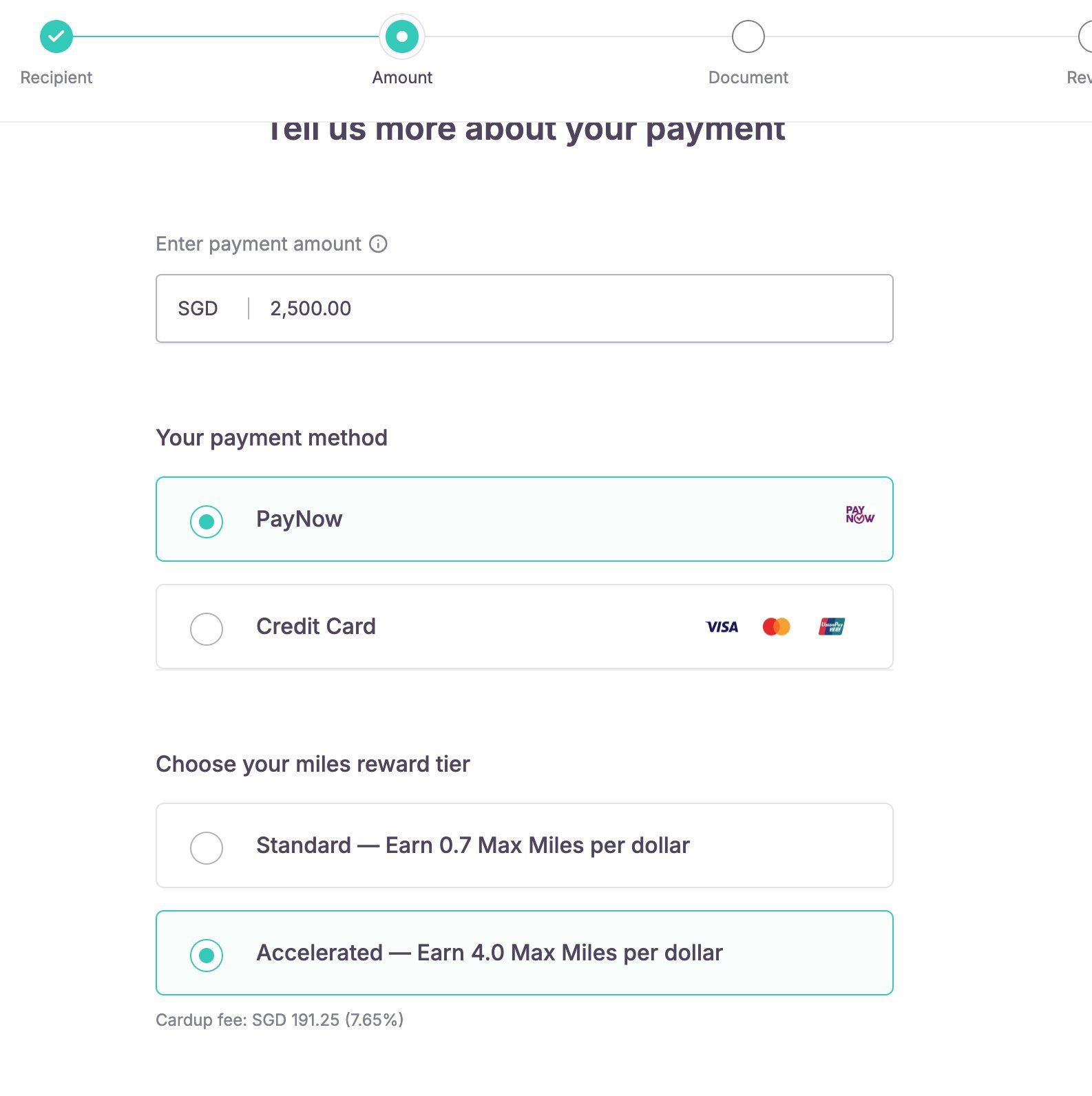 CardUp payment screen with PayNow selected and the Accelerated tier earning 4.0 Max Miles per dollar, showing the undiscounted 7.65% fee of SGD 191.25