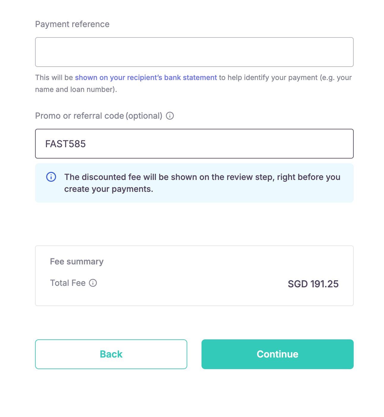 CardUp promo code field with FAST585 entered, the fee summary still showing the undiscounted SGD 191.25