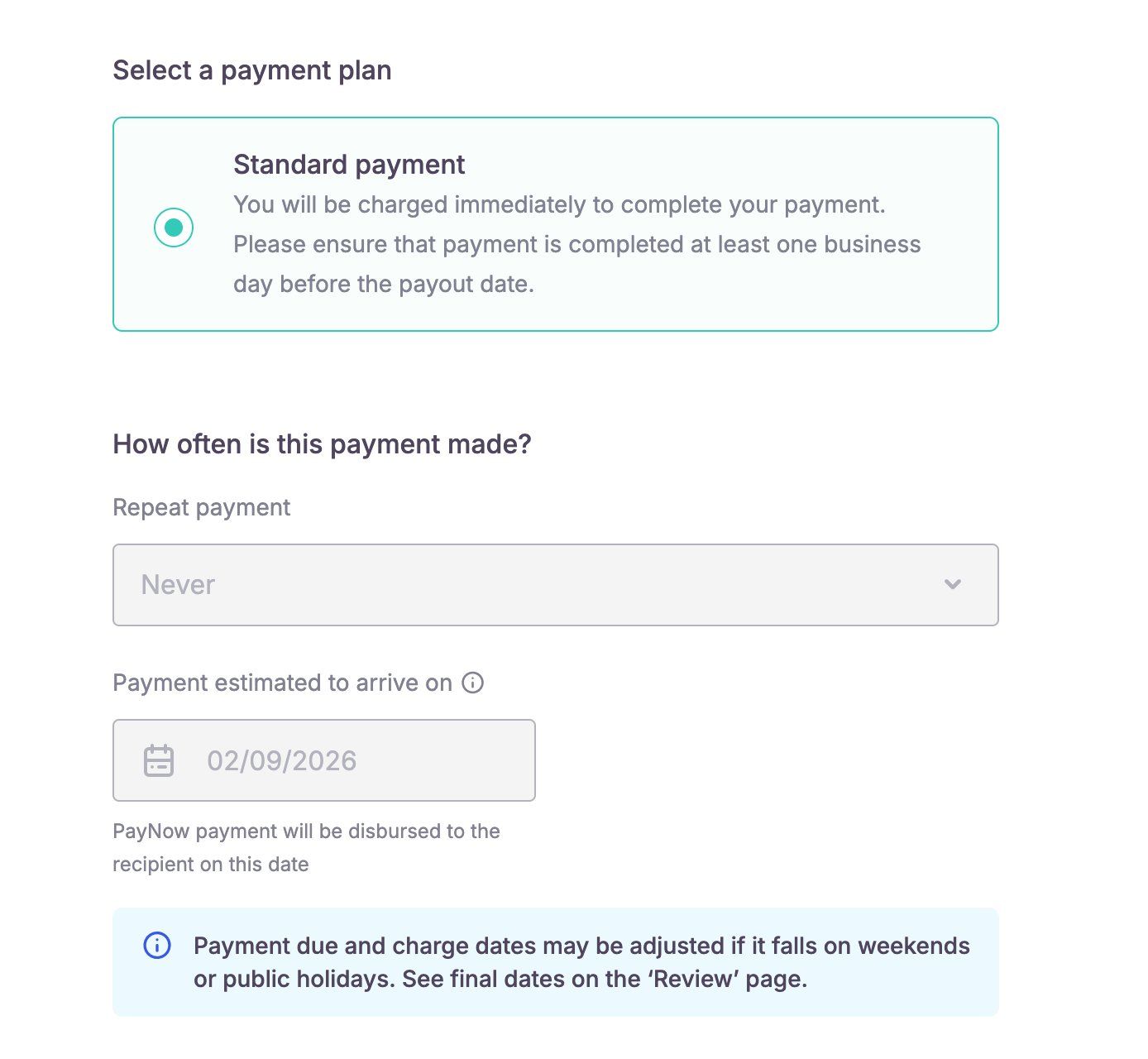 CardUp payment plan screen with Repeat payment greyed out to Never, showing that this route only allows one-time payments
