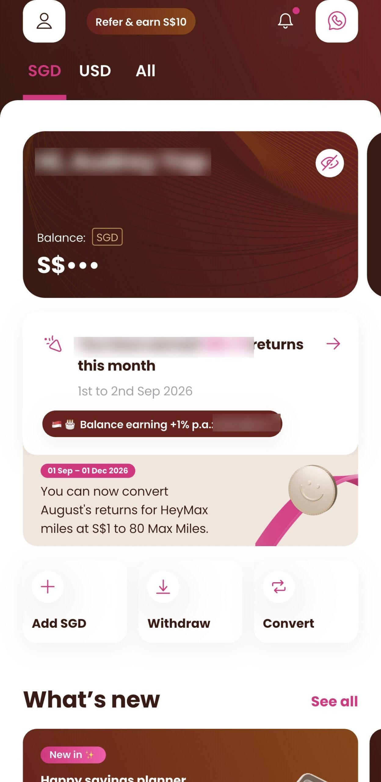 Chocolate Finance app home screen with the banner reading you can now convert August's returns for HeyMax miles at S$1 to 80 Max Miles, 01 Sep to 01 Dec 2026