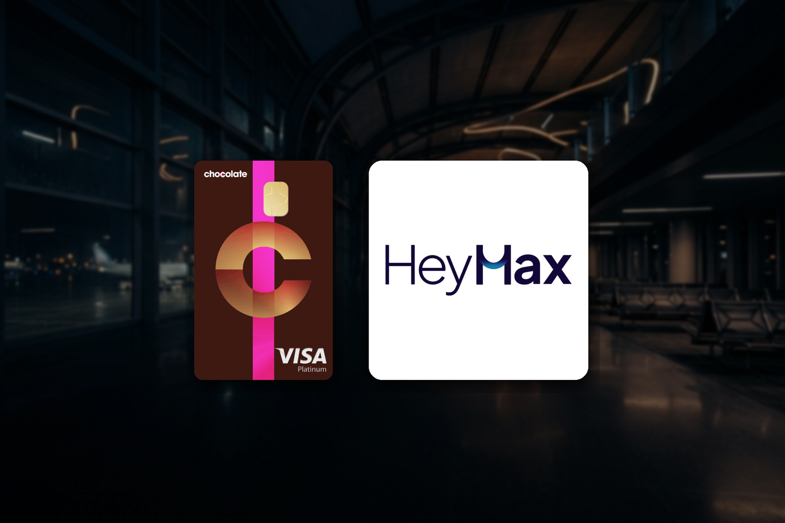 Chocolate Visa Debit Card and the HeyMax wordmark in an airport departure hall, for the September 2026 Chocolate Finance S$5,000 balance rule and the Miles for Returns conversion promotion