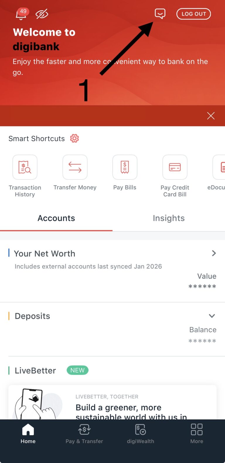 DBS digibot Step 1  Open the digibank app and tap the chat icon at the top right
