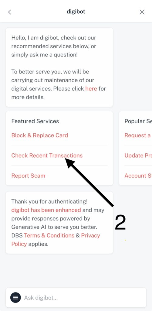 DBS digibot Step 2  Tap Check Recent Transactions under Featured Services