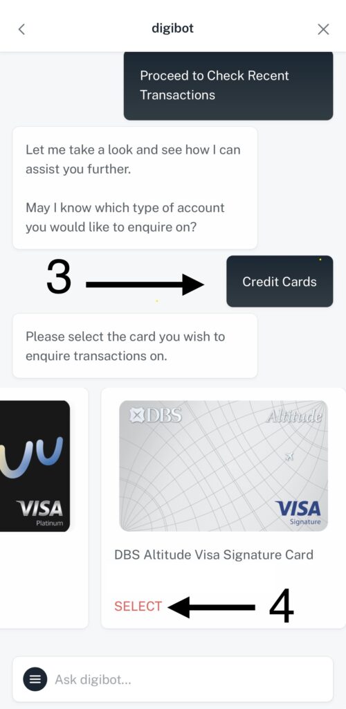DBS digibot Steps 3 and 4  Select Credit Cards account type then SELECT your card