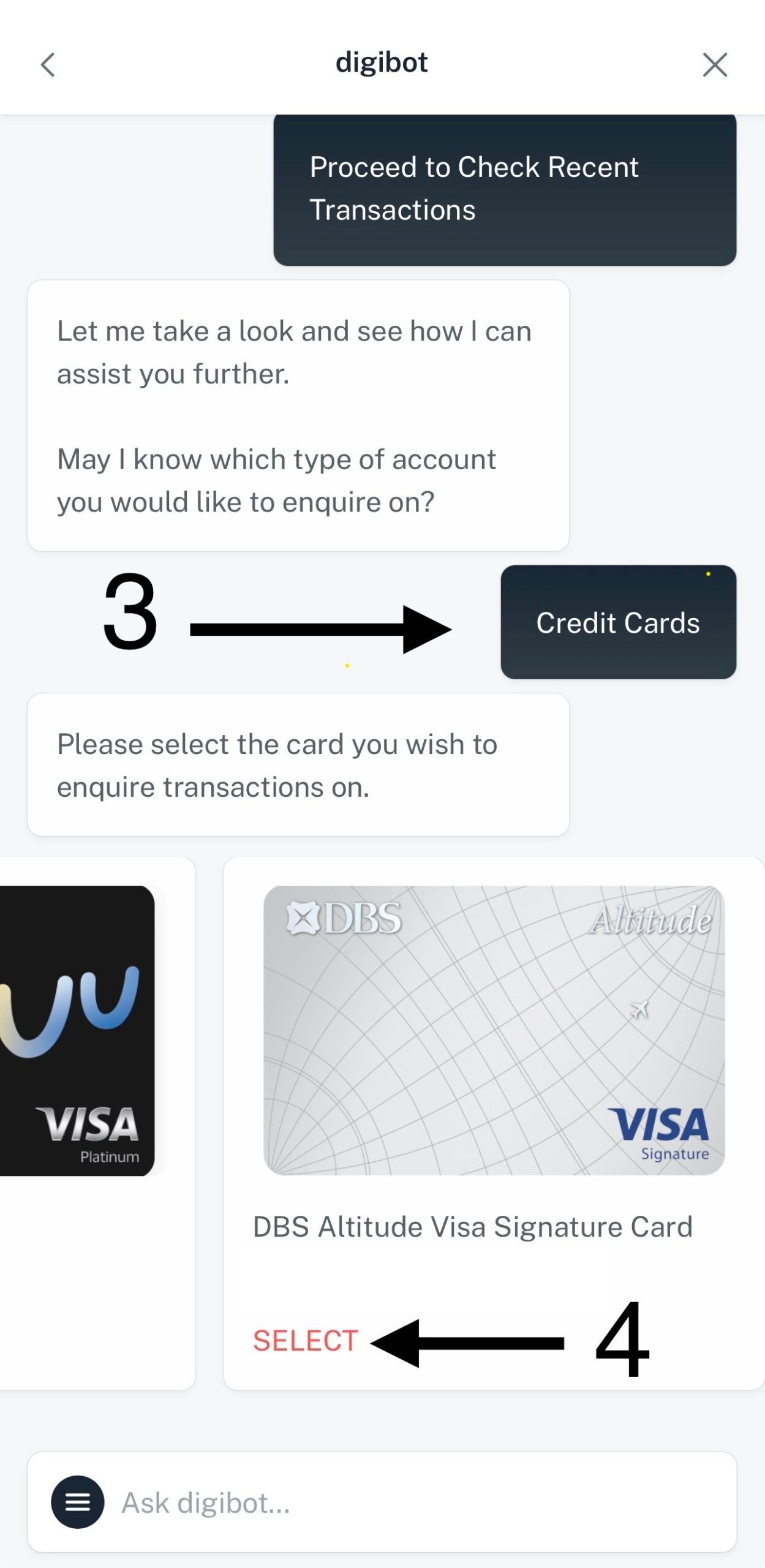 Arrow 3 points to Credit Cards; arrow 4 points to SELECT