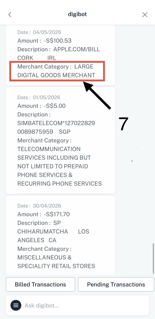 Transaction list item showing date amount and description with Merchant Category LARGE DIGITAL GOODS MERCHANT highlighted