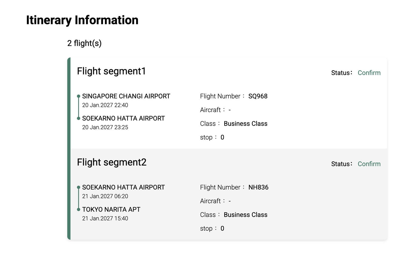EVA Air itinerary with both business-class flights showing Status: Confirm, meaning the seats are available to redeem