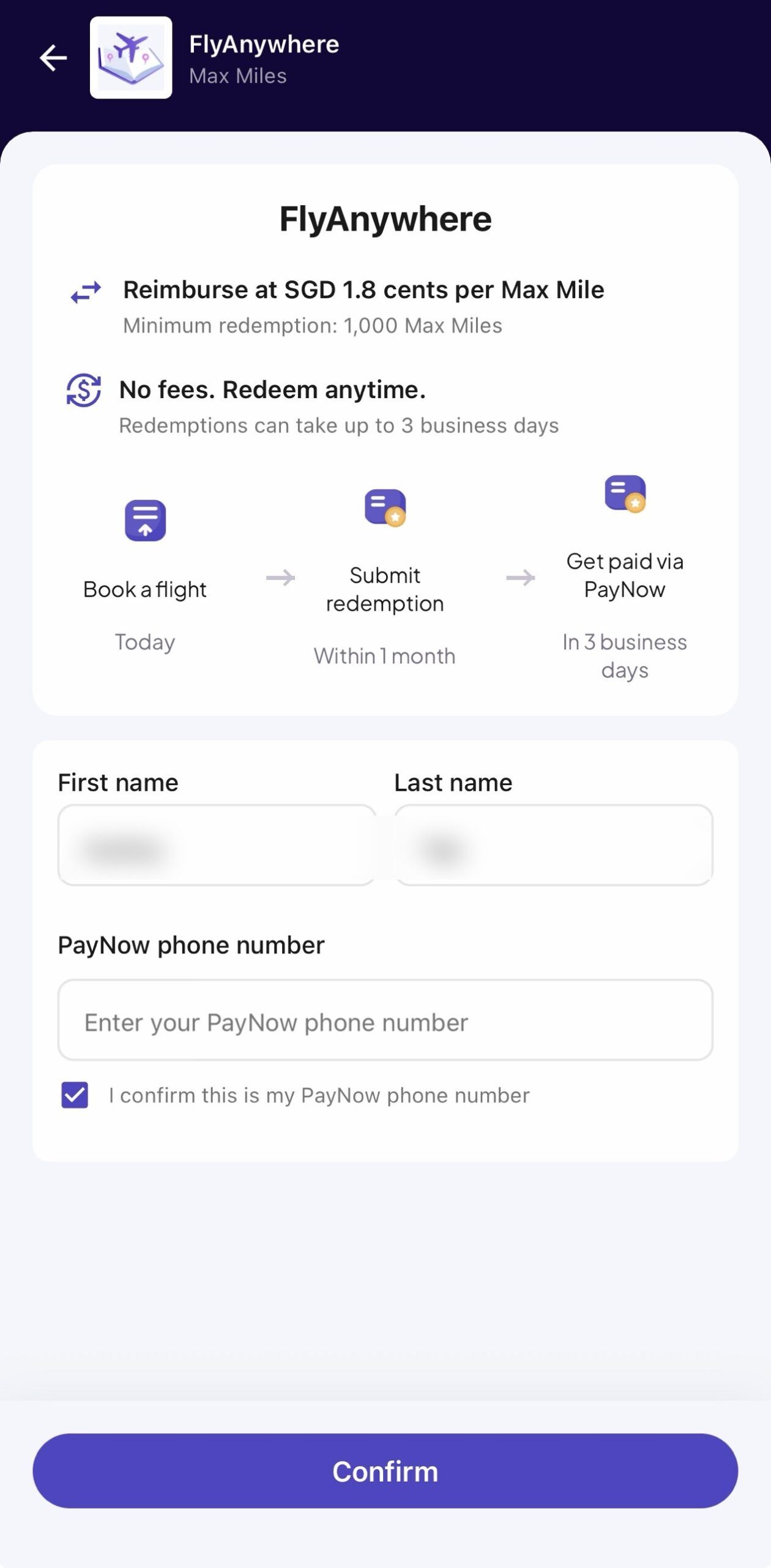 FlyAnywhere identity and PayNow details, showing 1.8 cents per mile and a 1,000-mile minimum