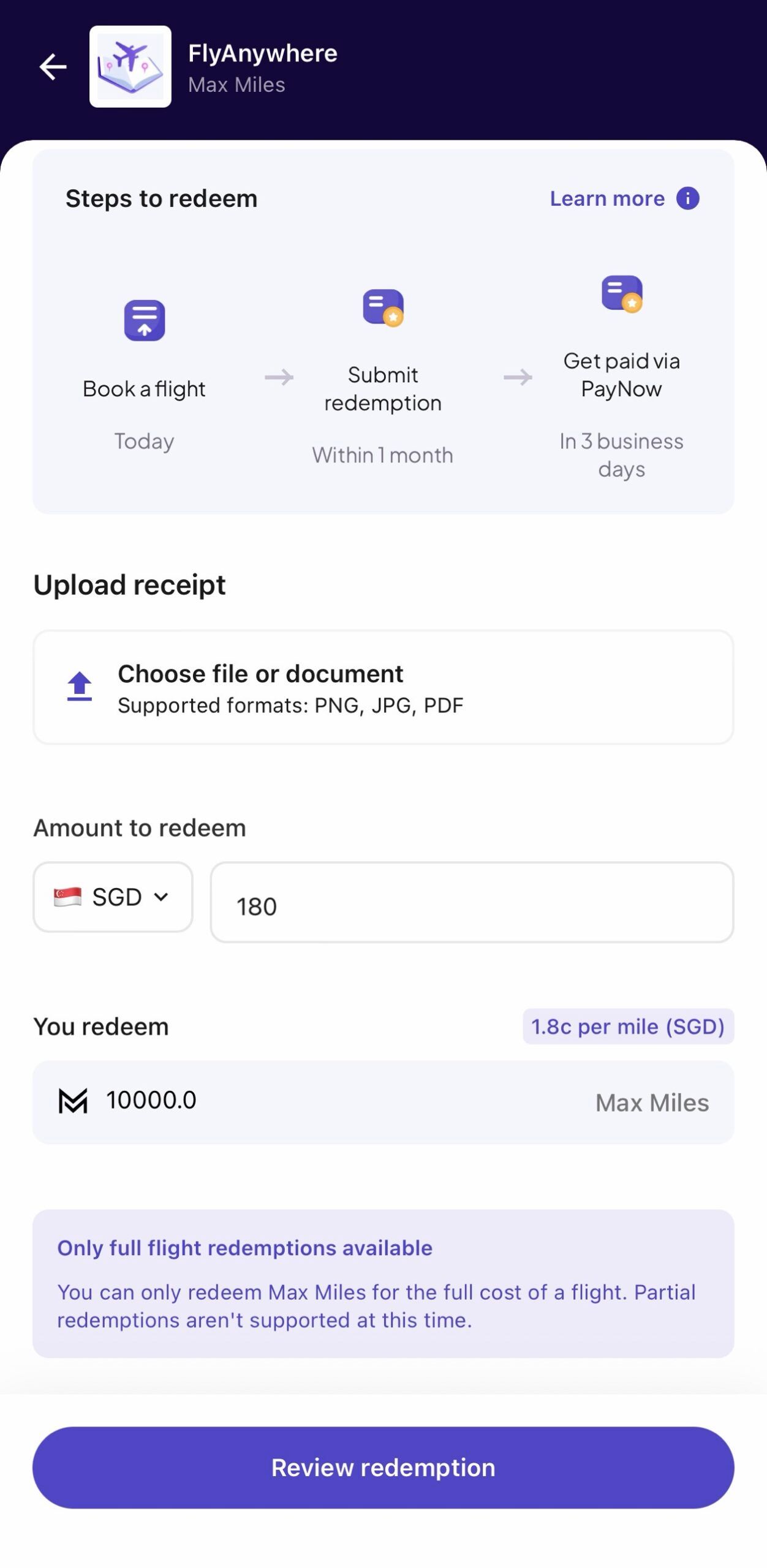 FlyAnywhere receipt upload showing S$180 for 10,000 Max Miles