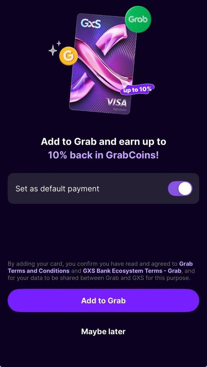 GXS app Add to Grab screen offering up to 10% back in GrabCoins with Set as default payment toggle