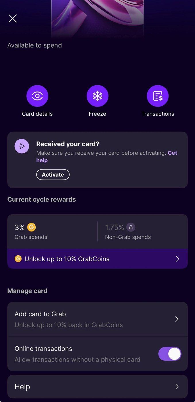 GXS app card screen showing current cycle rewards of 3% on Grab spends and Unlock up to 10% GrabCoins