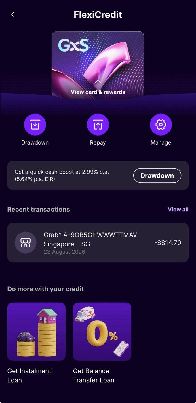 GXS app FlexiCredit screen with View card and rewards and a recent Grab transaction of S$14.70