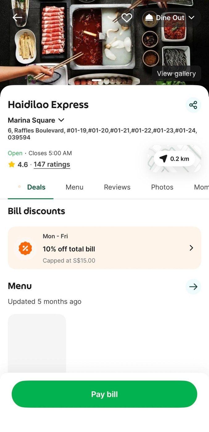 Haidilao Express Marina Square page on Grab Dine Out showing 10% off total bill capped at S$15 and the Pay bill button