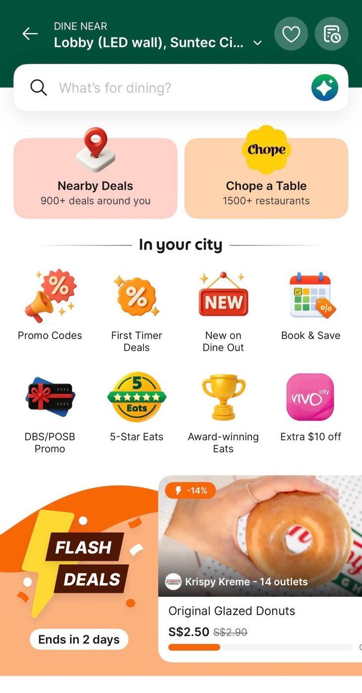 Grab Dine Out home screen near Suntec City with Nearby Deals and Chope a Table