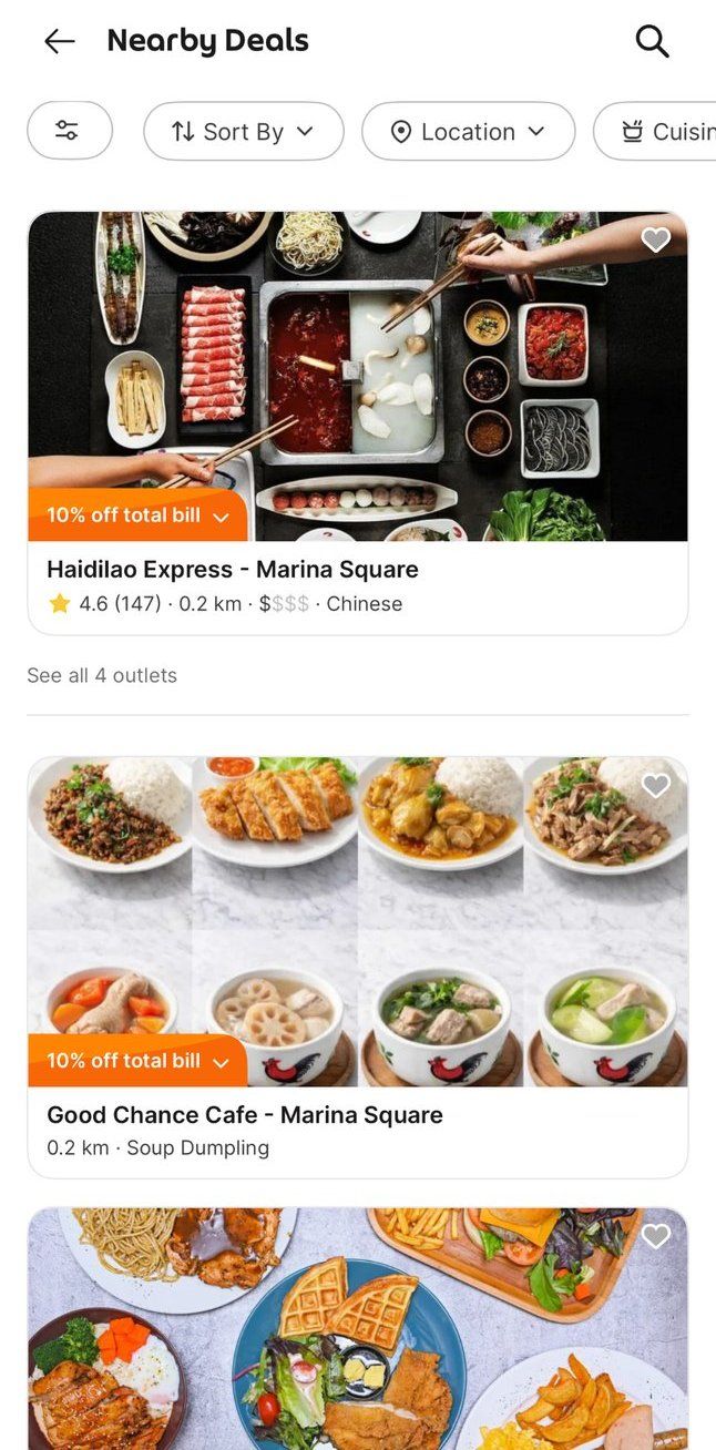 Grab Nearby Deals screen showing Haidilao Express Marina Square with 10% off total bill
