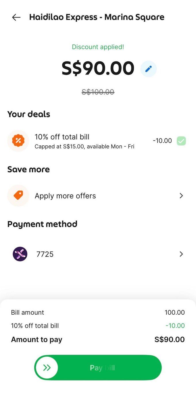 Grab Pay Bill screen showing 10% off applied, S$90 to pay on a S$100 bill with the GXS Credit Card as payment method