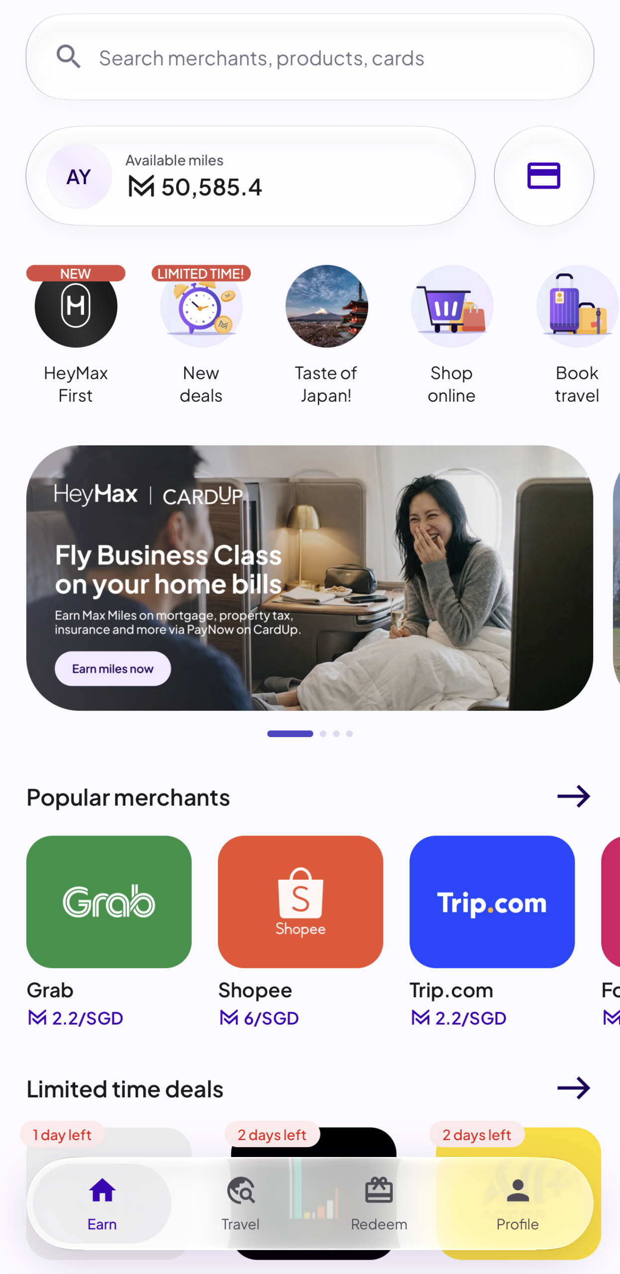 HeyMax app home screen showing Available miles at the top
