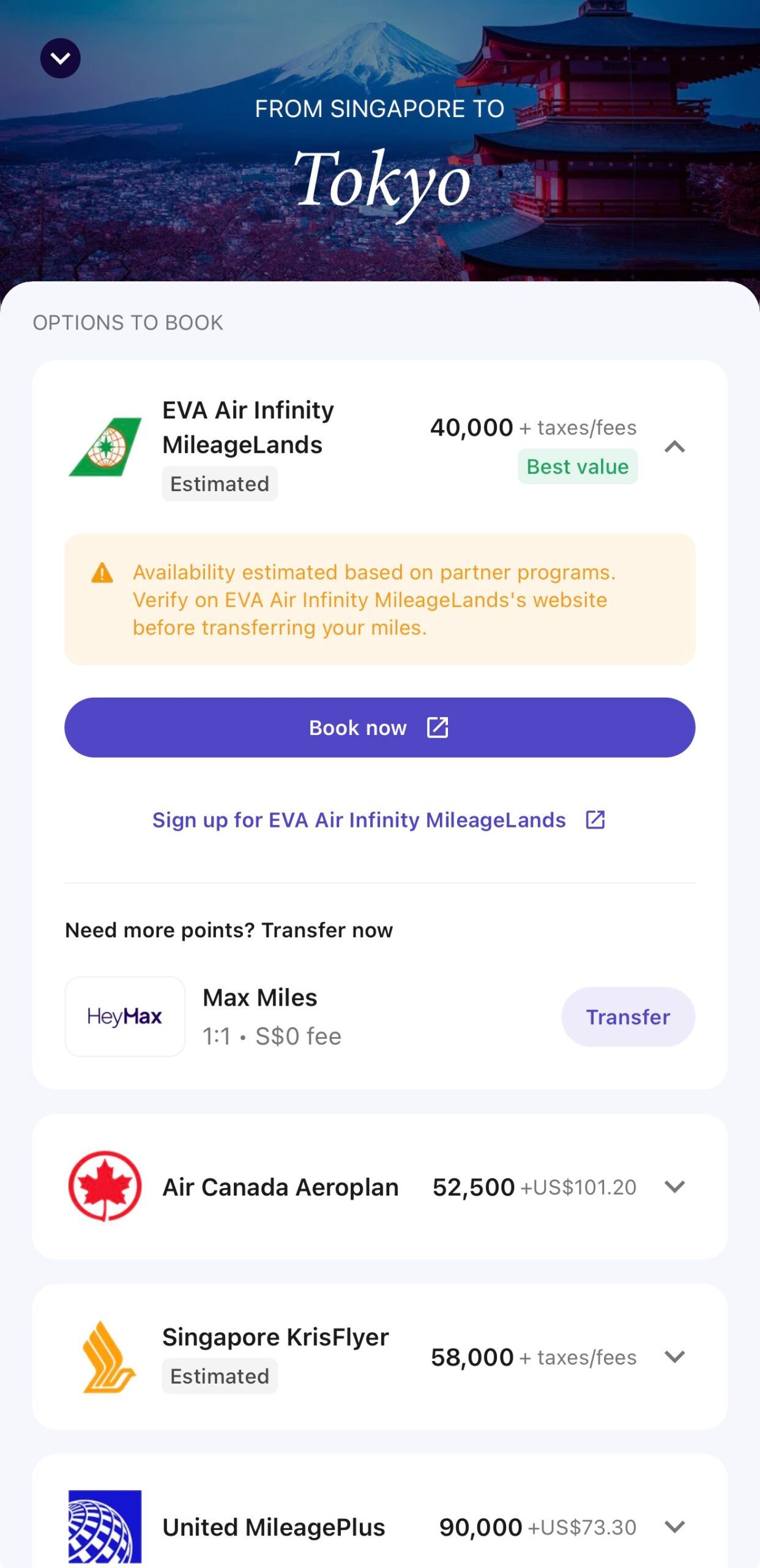HeyMax booking options for Singapore to Tokyo, showing EVA Air Infinity MileageLands at 40,000 miles as best value with a Sign up link and a 1:1 Max Miles transfer