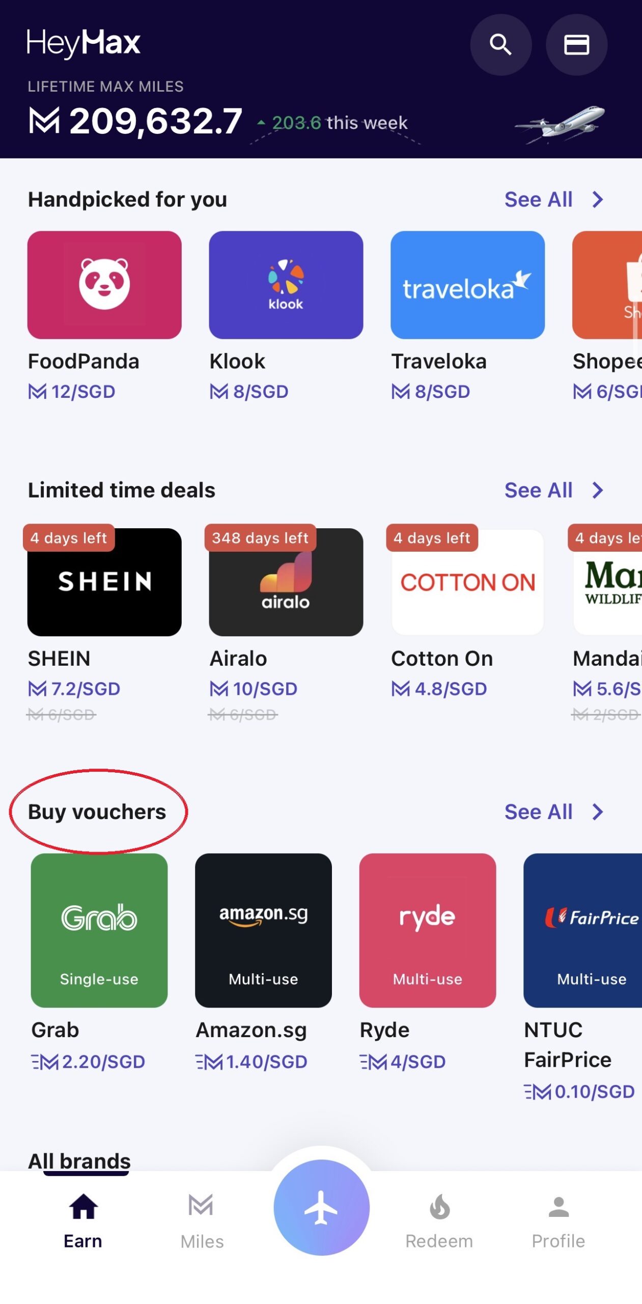 HeyMax Earn tab with Buy vouchers circled — the option you want